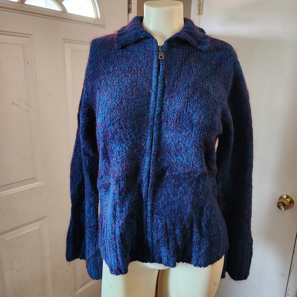 Womens Pow Wow Sweater Size Large L Full Front Zip Blue Bell Long Sleeve Unique